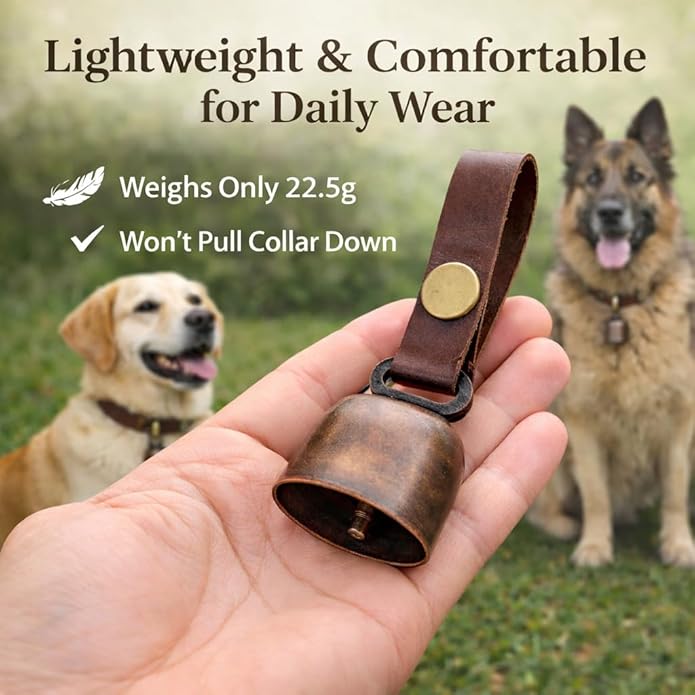 kcrygogo Leather Dog Collar Bell with Quick-Release Snap Buttons Training Bells with Leather Button Strap and Pet Anti- Lost Silver Pendant ID Tags (2Sets)