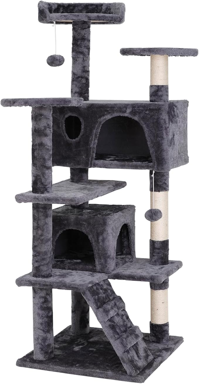 LEMY 54 Inch Cat Tree,Multi-Level Cat Tower Condo for Indoor Kittens,Dark Grey Cat House with Sisal-Covered Scratching Post for Cats to Play and Sleep