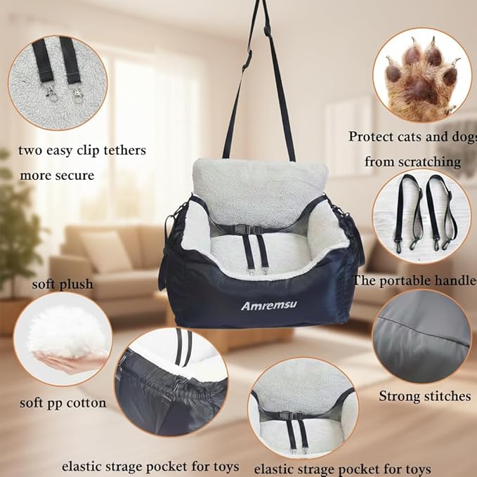 Small Dogs Car Seat,Fully Detachable and Washable Ultra Soft Car Travel Bed, with Clip-on,Two Portable Handle and Storage Pockets Puppy Dog Booster Seats,Portable DogCar Travel Carrier Bed