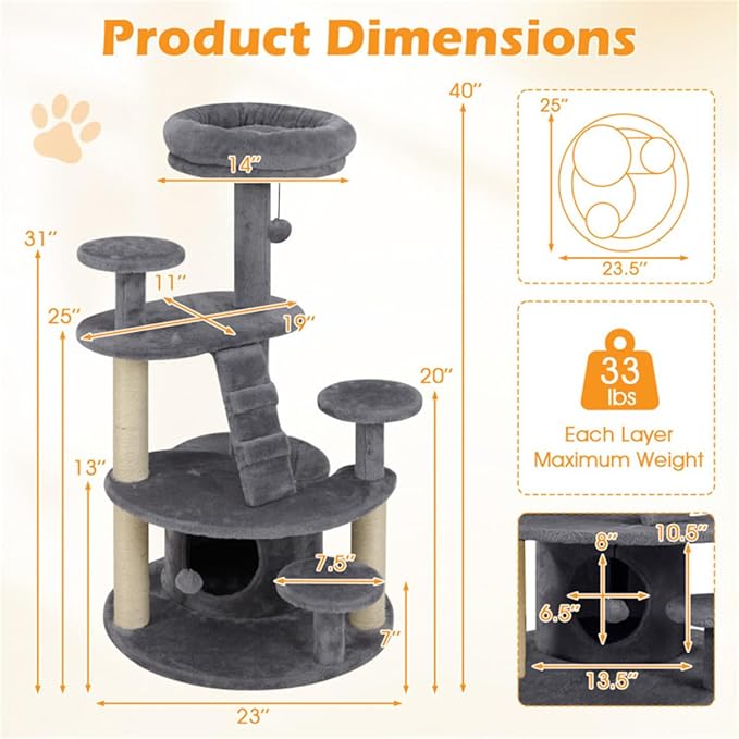40" Multi-Level Cat Tree for Munchkin & Senior Cats – Extra Stable Wide Base, Plush Padded Perch & Spacious Condo