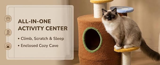 Mushroom Cat Tree with Large Condo Platform Ladder, Cat Tower with Play Holes, Cat Cave, Scratching Posts, Multi-Level Cat Furniture for Kittens/Cats