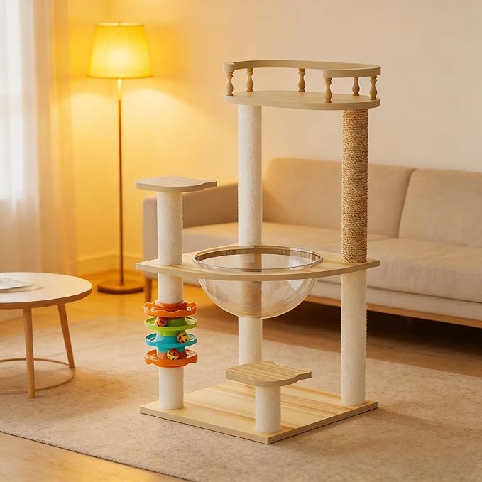32.2”” Wood Cat Tower with Sisal Scratching Post, Modern Cat Tree with Acrylic Bowl, Cat Perch, Climbing Ladder & Ball Toy, Multi-Level Cat Activity Center (32.2 inch)