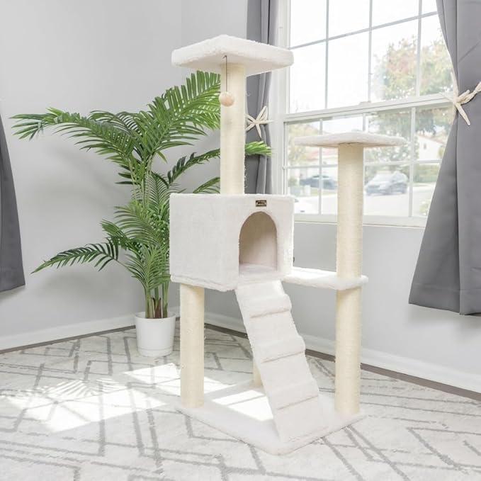 Multi-Level Cat Tree with Sisal Scratching Posts, Cozy Condo, Perches, Ladder and Hanging Toy, Beige, 53 Inches Tall