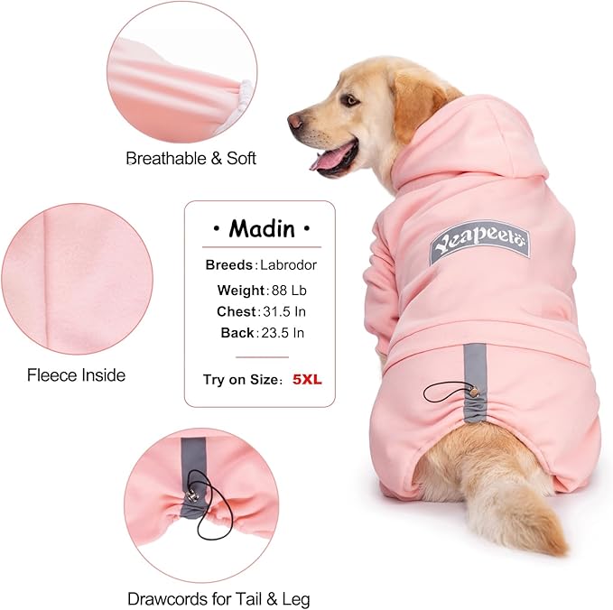 Dog Hoodies Winter Coat for Large Medium Dogs, Pullover 9 Legs Warm Coat Hooded Sweatshirt, Fleece Hoodie for Cold Weather (Pink, 6X-Large)
