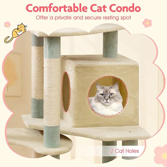 Cat Tree, 61 Inch Multi-Level Floral Kitten Tower with Flower Perch, Plush Platforms, Sisal Scratching Posts, Spring Ball Toy for Indoor Cats