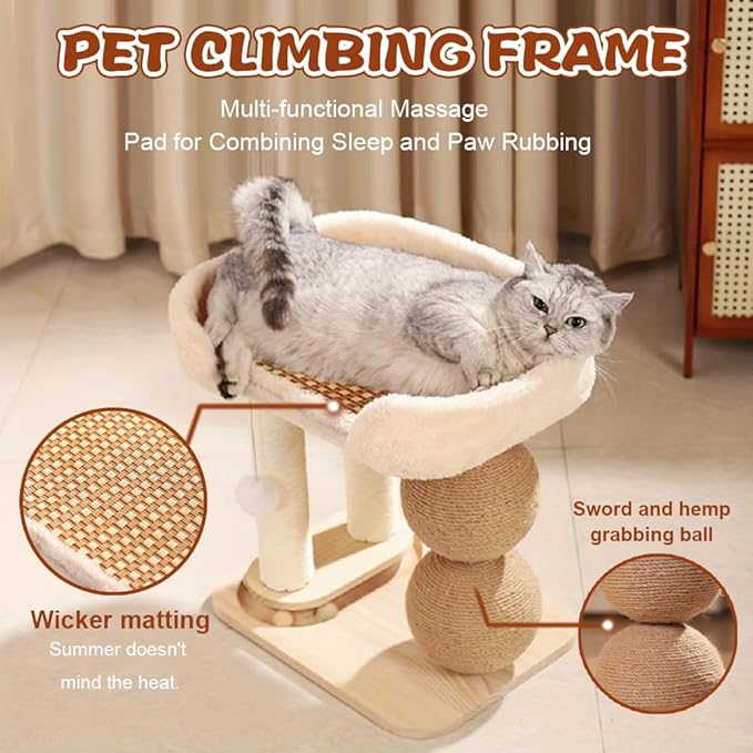 3-in-1 Small Cat Tree Tower, Small Cat Tower and Perch Bed, 16.5Inch Tall Cat Tree with 3 Sisal Scratching Posts and Ball Track Toy for Kittens and Indoor Cats
