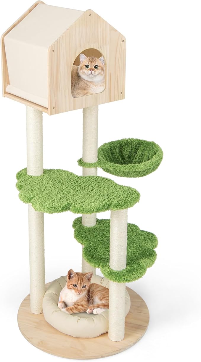 Tangkula Cat Tree Tower, Multi-Level Modern Wood Cat Tower with Sisal Scratching Posts, Jumping Platforms, Perch, Hammock, Cute Cat Condo, Tall Cat Tree for Indoor Cats Large Adult (55 Inch)