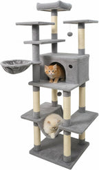 Tangkula Tall Cat Tree, 63 Inch Large Cat Tower with Sisal Scratching Posts, Plush Top Perch, Condo, Hammock, Basket Bed, Dangling Balls & Jumping Platforms for Indoor Cats Large Adult (Light Grey)