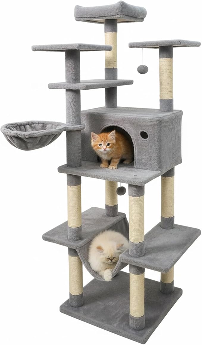 Tangkula Tall Cat Tree, 63 Inch Large Cat Tower with Sisal Scratching Posts, Plush Top Perch, Condo, Hammock, Basket Bed, Dangling Balls & Jumping Platforms for Indoor Cats Large Adult (Light Grey)