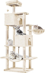 Large Cat Tree 66 Inch, Multi-Level Tall Cat Tree Tower with Condo, Perches, Sisal Scratching Posts and Hammock, Pet Play House with Dangling Balls for Indoor Cats, Beige