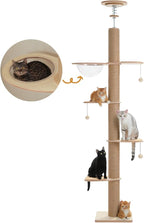 Floor to Ceiling Cat Tree for Indoor Cats, 5-Tier Adjustable Height (79-103 Inch) Sturdy Wooden Tall Cat Climbing Tower with 4.1" Thick Scratching Posts, Acrylic Cave, Non-Slip Pads & 3 Pompoms
