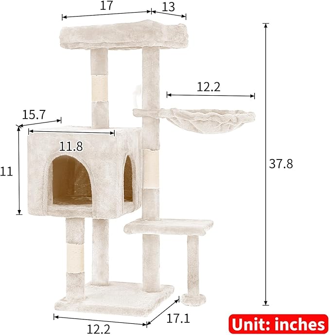 BLKMTY 36" Cat Tree, Cat Tower Indoor Cats Condo Climber w/Scratching Post Cats Climbing Stand w/Plush Top Perch Playhouse Kitty Activity Trees w/Hammock, Beige