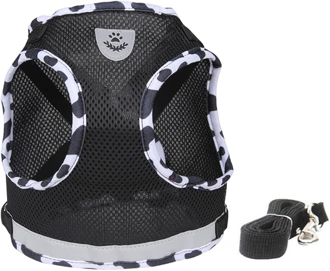 FEimaX Dog Harness and Leash Set for Walking, Soft Mesh Adjustable Easy Control Lightweight Cat Vest Harnesses with Reflective Strips, Escape Proof Small Dogs Cats Vests (Cowblack, Small)