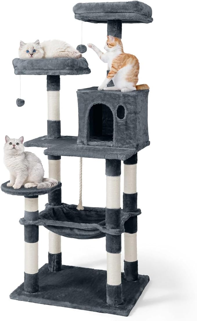 Tall Cat Tree for Indoor Large Cats or Kittens, Multi-Level Cat Activity Tree with Scratching Posts, Hammock, Cat Cave Condo, Modern Cute Small Cat Climbing Tower with Widened Perch