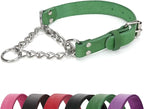 Martingale Collar for Dogs No-Pull Adjustable Training Collar with Stainless Steel Chain - Genuine Leather Anti-Slip Design for Small,Medium,Large Breed Dogs - Green (S)