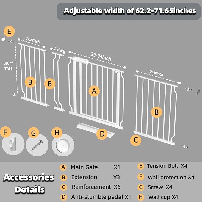 TSAYAWA Baby Gate Extra Wide Fits 62.2"-71.65" Inch Opening - Dog Pet Gate for Doorways Stairs No Drilling Pressure Mounted - Large Child Safety Indoor Outdoor White