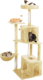 Cat Tree, 54-Inch Cat Tower for Indoor Cats,Plush Multi-Level Cat Condo with Scratching Posts, Basket, Perches,2 Caves,2 Pompoms(Beige)