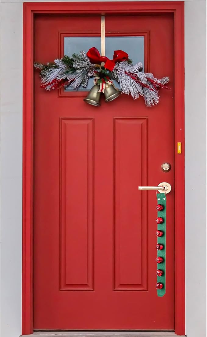 Frienda Hanging Jingle Sleigh Bells 7-Bell Dog Doorbells for Door Knob Faux Leather Belts Go Outside Dog Bells Christmas Decor and Holiday Decorations, 18.7 x 1.8 x 1 Inches(Green with Red)