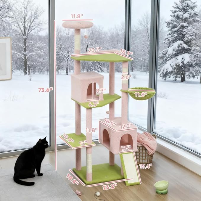 74" Tall Cat Tree Multi-Level Cat Tower for Indoor Cats with Cat Condo, Hanging Basket, Sisal Scratching Posts, Plush Balls and Hammock for Small Large Cats (Pink)