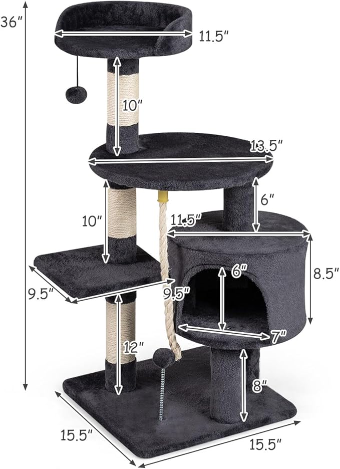 Tangkula 36 Inch Cat Tree Tower, Multi-Level Cat Tower with Condo, Top Perch, Sisal Scratching Posts & Hanging Rope, Spring & Hanging Balls, Climbing Platforms for Indoor Cats and Kittens (Dark Gray)