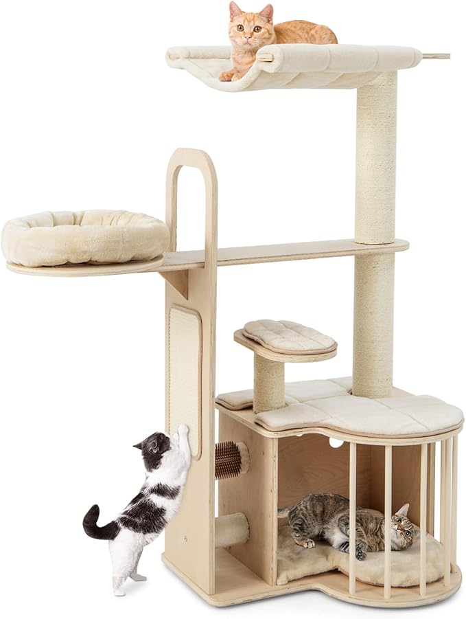PETSITE 55" Tall Cat Tree, Multi-Layer Wooden Cat Tower with Hammock, Condo, Plush Perch, Self Groomer, Scratching Posts, Cat Climbing Stand Activity Center Furniture for Kitten & Adult Cats