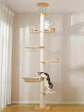 Floor to Ceiling Cat Tree, 5-Tier Adjustable Height(7.3-10.5ft) Solid Wood Climbing Tower with Sisal Scratching Posts, Transparent Capsule and Cozy Hammock