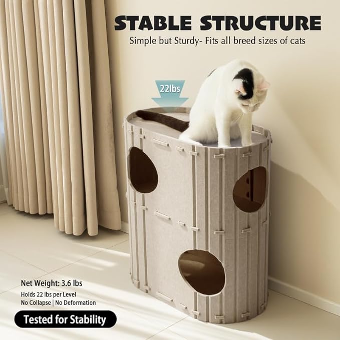 PETKARAY 2-Story Felt Cat House, Large Bed Cave for Indoor Cats, Felt Tunnel Hideaway Condo for Multi-Cat Households, 23.6x22x12 inches, Grey