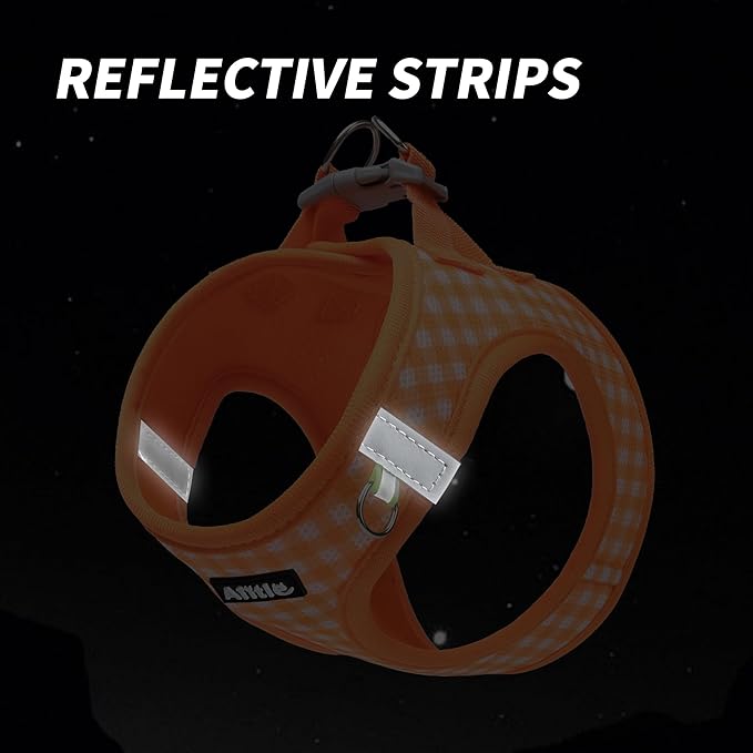 AIITLE Small Dog Harness with Leash – Soft Breathable Mesh, Plaid Pattern & Reflective Strips – Ideal for Training, Running & Party Outings (S, Orange)