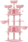 WEEWAY 73in Multi-Level Cat Tree with a Fan-Shaped Base, 2 Cozy Condos, 2 Hanging Baskets, Unique Perch, Sisal Scratching Posts, Hanging Balls, Ideal for Multiple Indoor Kitties, Pink