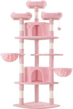 WEEWAY 73in Multi-Level Cat Tree with a Fan-Shaped Base, 2 Cozy Condos, 2 Hanging Baskets, Unique Perch, Sisal Scratching Posts, Hanging Balls, Ideal for Multiple Indoor Kitties, Pink