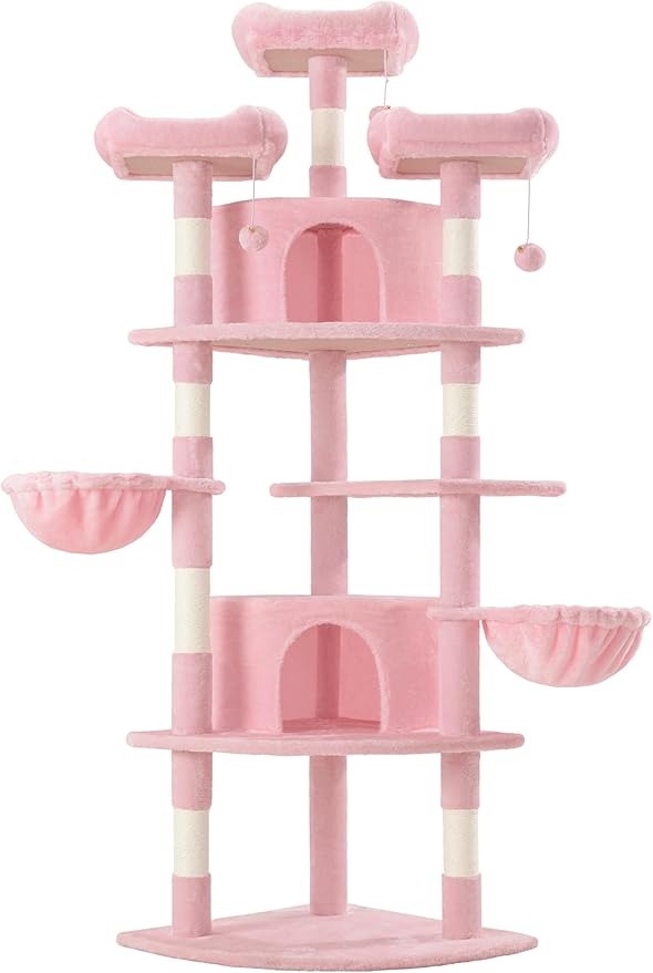 WEEWAY 73in Multi-Level Cat Tree with a Fan-Shaped Base, 2 Cozy Condos, 2 Hanging Baskets, Unique Perch, Sisal Scratching Posts, Hanging Balls, Ideal for Multiple Indoor Kitties, Pink