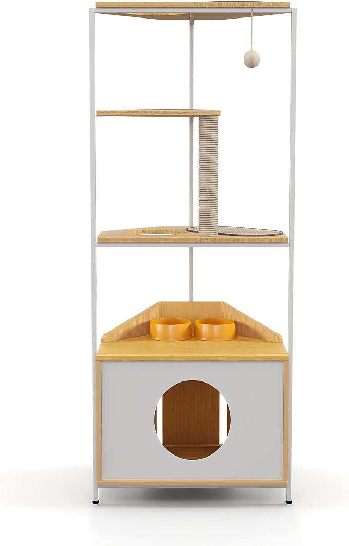 Corner Cat Tower, Cat Tree with Scratching Post, Cat Condo with Feeding Station and Climbing Platforms, Pet Furniture for Indoor Cats