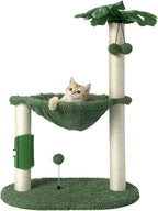 MECOOL Cat Tree Tower 32" Tall Scratching Post with Large Hammcok for Indoor Cats,Self-Massage Bursh Hanging Ball Toys,Monstera Deliciosa Green