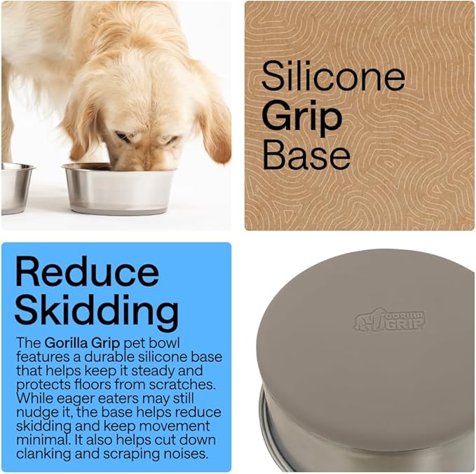 GORILLA GRIP Dog Bowls, Food Grade 304 Stainless Steel, Holds 4 Cups Each (32 fl oz) Food and Water Bowl for Feeding Dogs and Cats, Dishwasher Safe, Rust Resistant, BPA Free Rubber Base Set of 2 Beige