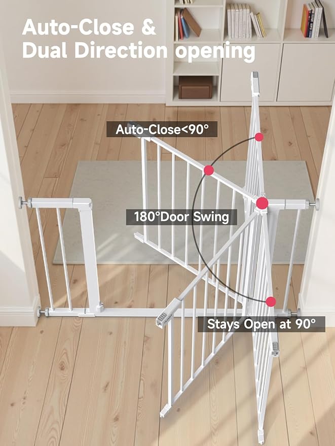 Baby Gate for Stairs, 30'' Tall 29.5-46" Extra Wide Dog Gate for Stairs Walk Thru Auto Close Metal Pet Gate for The House, Stairs and Doorways Child Gate Pressure Mounted Safety Gate Indoor - White