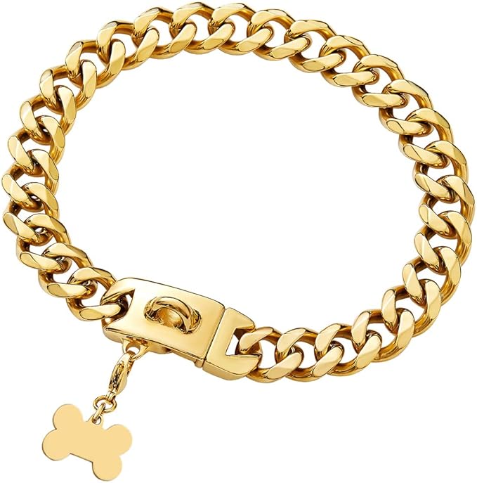 Gold Dog Chain Collar with Design Secure Buckle & ID Tag,18K Cuban Link Strong Heavy Duty Chew Proof Metal Walking Collar for Large Dogs(19MM 26'')