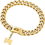 Gold Dog Chain Collar with Design Secure Buckle & ID Tag,18K Cuban Link Strong Heavy Duty Chew Proof Metal Walking Collar for Large Dogs(19MM 24'')