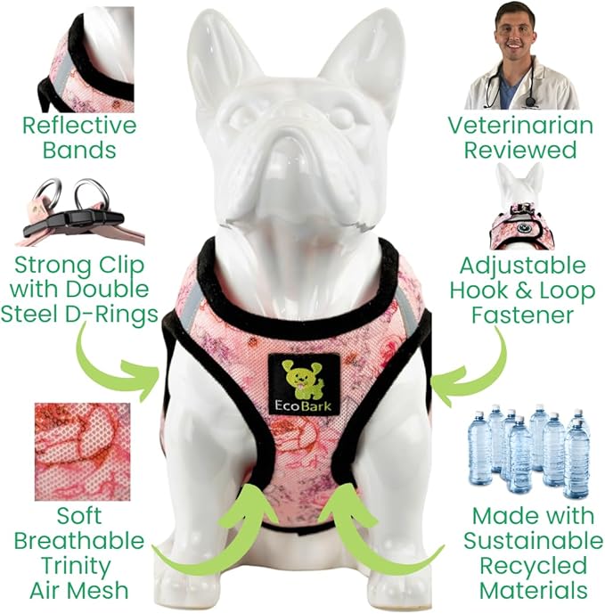EcoBark Step in Dog Harness - Eco-Friendly Small Breed Dog Harnesses for XXS, XS, & Small Dogs - Reflective and Adjustable Mini Body Halter Vest - Soft Mesh Toy Breed Harness (Floral, XS)