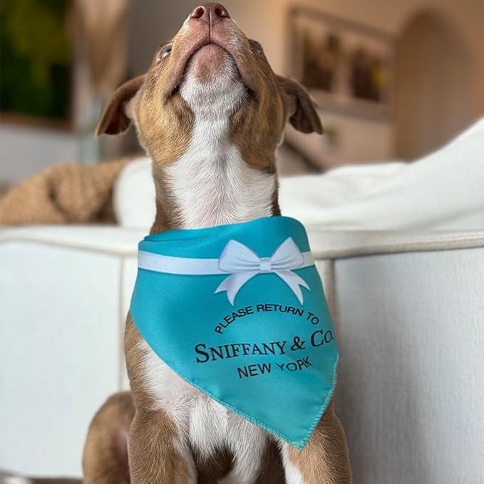 Dog Bandana Sniffany & Co. Designer Fashion Clothes Scarf kercheif for Small Medium and Large Dogs. Funny Parody Gift for Girl or boy Dog Soft Durable Fabric, Adjustable tie-on Style Triangle