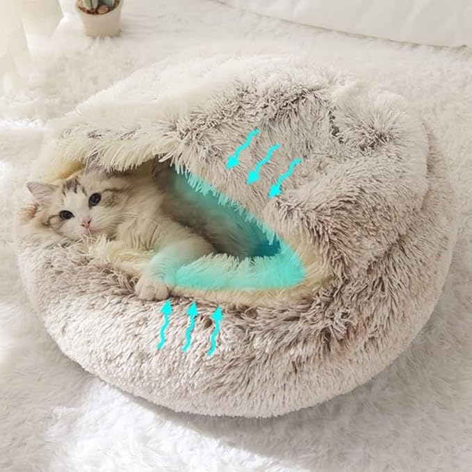 Cat Bed Round Fluffy Hooded Cat Bed Cave, Anti-Anxiety Cave Bed with Hooded Blanket, Cozy Cuddler Luxury Puppy Pet Bed, Anti-Slip Bottom and Machine Washable (Coffee, Large)