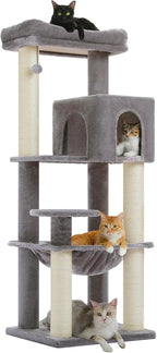 PEQULTI 57.9'' Cat Tree, Multi-Level Tower with Large Top Perch, Thick Scratching Posts and Hammock for Large Indoor Cats up to 20 lbs,Gray