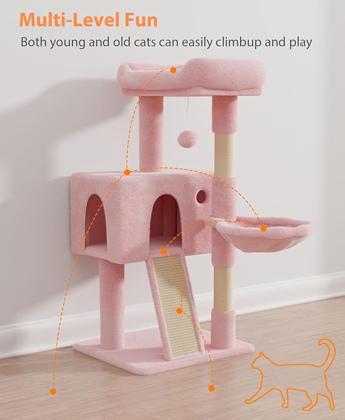 Cat Tree Tower for Indoor Cats Large Adult,Cute/Tall Modern Cat Tree for Big Cats 20 lbs,Plush Multi-Level Cat Condo with Scratching Posts,Hammock, Dangling Ball (Soft Pink, 36 inch)