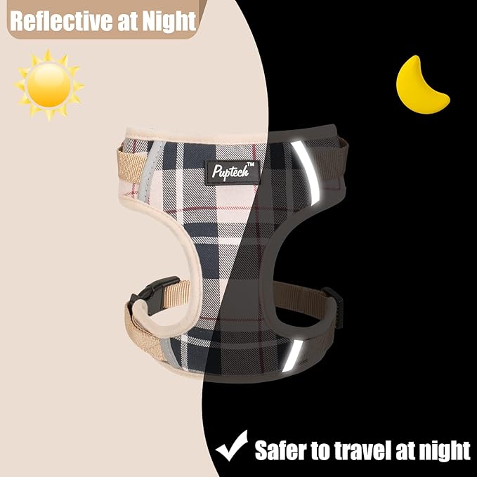 PUPTECK Small Dog Harness and Leash Set, No Pull Adjustable Puppy Cat Harness, Reflective Soft Mesh Pet Vest Small Sized, Beige Plaid, M