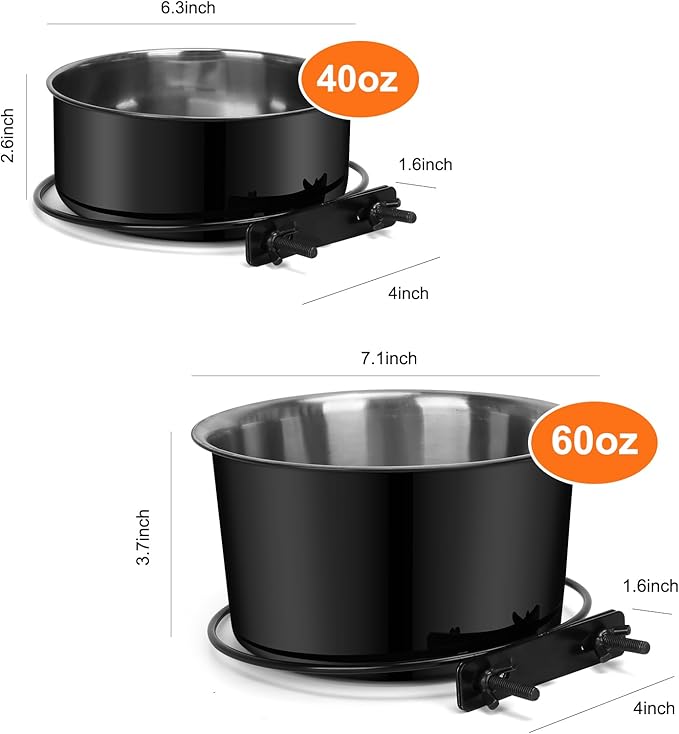 No Spill Water Bowl for Dogs, Sturdy Stainless Steel Dog Dishes 2 Pack with Dog Bowl Holder Hanging on Pet Cage Kennel Crate, Detachable Metal Food/Water Bowl Set for Medium/Large Dogs