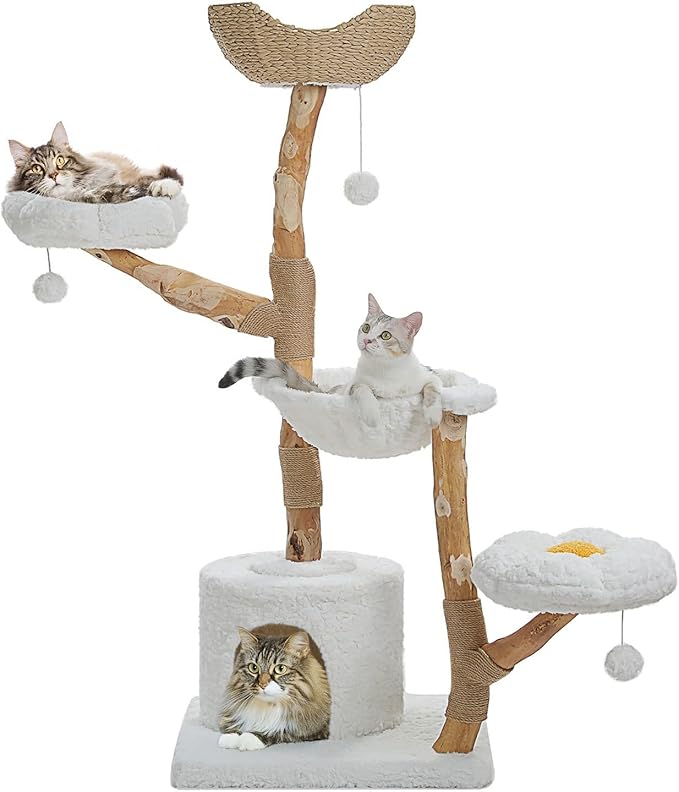 Cat Tree for Indoor Cats Large Adults, 59 Inches Modern Cat Tower with Large Basket and Hammock, Natural Solid Wood, Luxury Condo & Dual Perches, Modern Cat Furniture for Big Cats, White