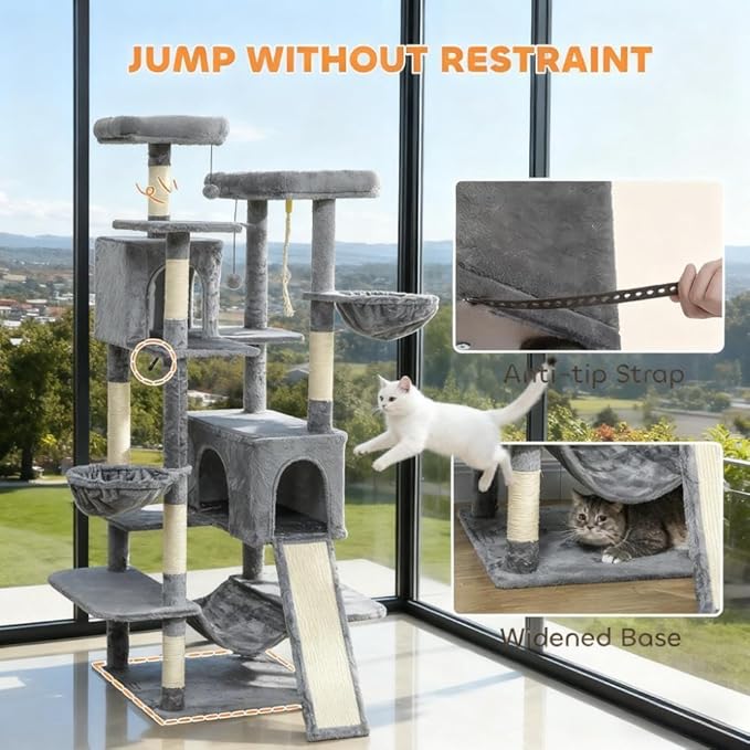 Premium Cat Tree Tower with Scratching Posts, Cozy Condos, and Hammock for Indoor Cats – Stylish Vertical Play Center (Dark Gray + Cotton + Particle Board)
