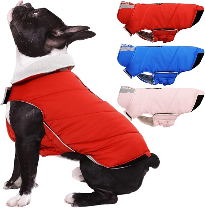 Kuoser Dog Coat Small, Cold Weather Reflective Waterproof Dogs Jacket with Warm Fleece Lining, Turtleneck Dog Winter Coat with Zipper, Doggy Snow Jacket Pet Coats for Small Medium Large Dogs, Red XS