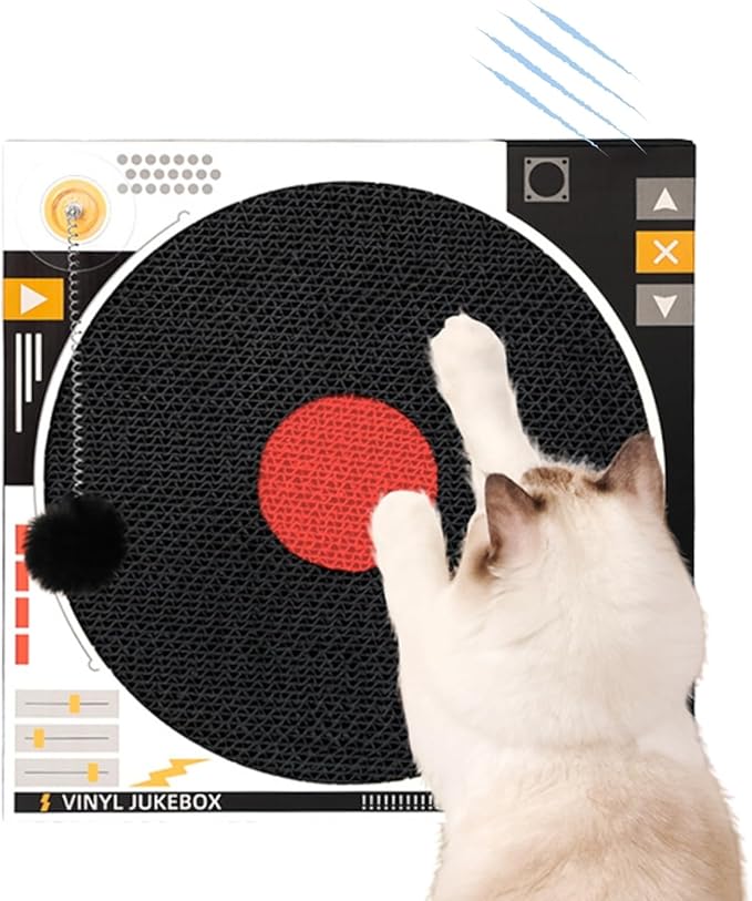 MemeMeow CD Cat Scratcher – Retro Record Player Design,Fun & Durable Scratching Pad for Cats,Eco-Friendly Cardboard,Interactive Cat Toy for Music Lovers & Stylish Home Décor