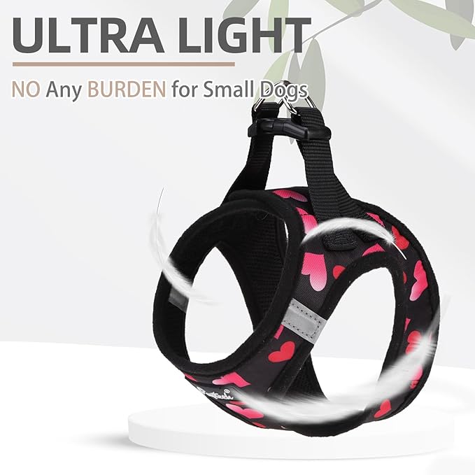 PUPTECK Dog Harness and Leash Set for Small Medium Dogs No Pull Step-in Soft Mesh Puppy Cat Vest Valentine Harnesses Reflective at Night, Black&Pink Heart, L