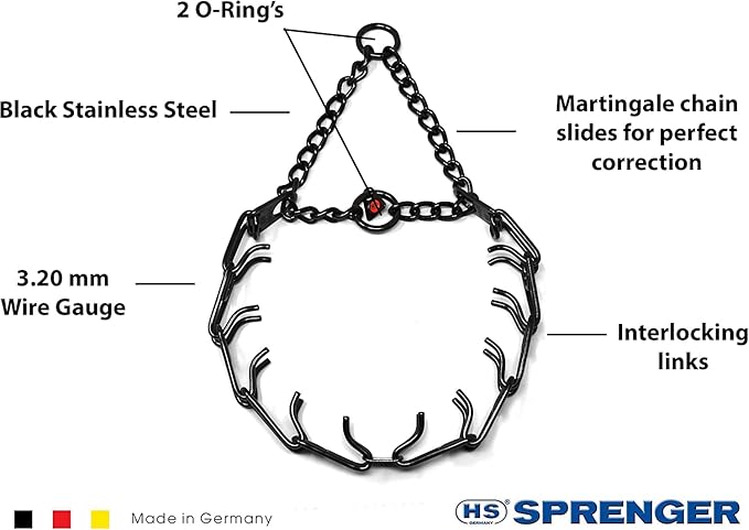HS HERM. SPRENGER GERMANY Black Stainless Steel Prong Dog Training Collar Ultra-Plus Pet Pinch Collar No-Pull Collar for Dogs Anti Pull Training Collar Made in Germany 4mm x 25in Large